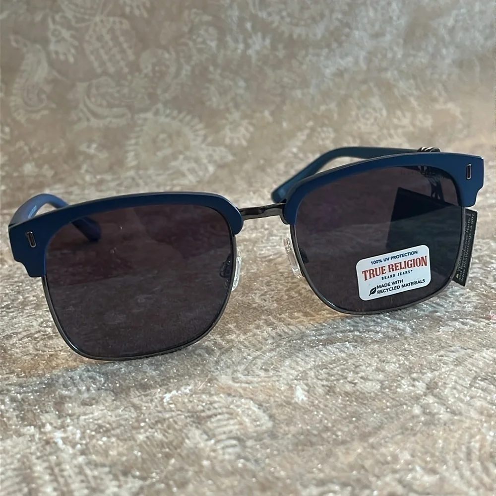 Brand New True Religion Clubmaster Classic Square Metal Sunglasses Blue Accent
